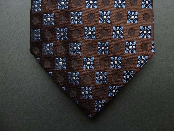 Battisti Tie: Brown with light blue square floral pattern, pure silk