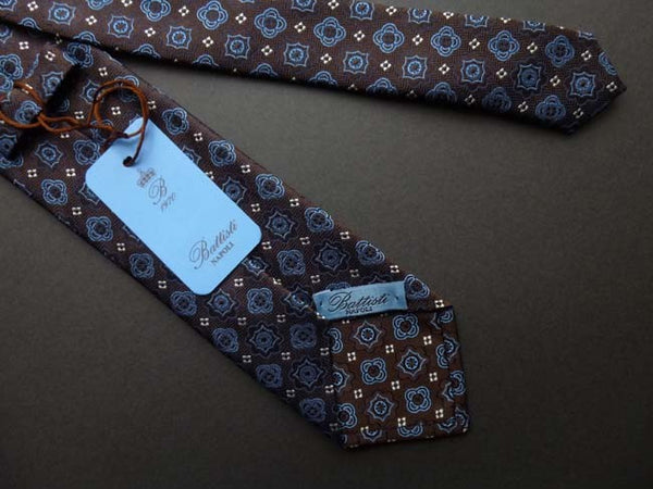 Battisti Tie: Brown with blue woven pattern, pure silk