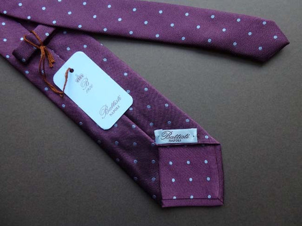 Battisti Tie: Plum with pale blue polkadots, pure silk