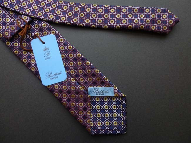 Battisti Tie: Burgundy with sky/navy pattern, pure silk