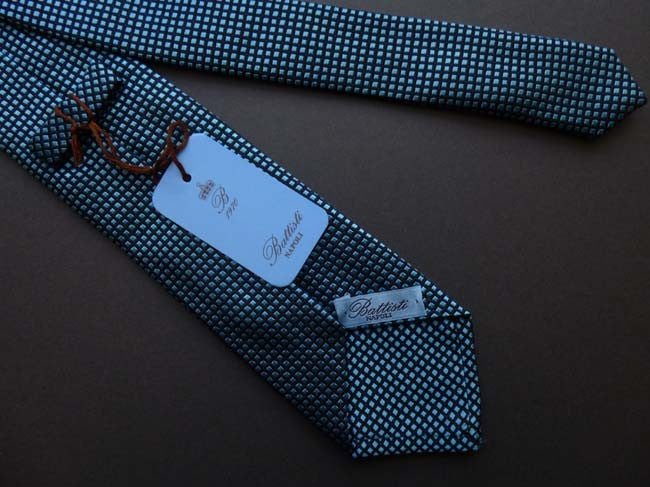 Battisti Tie: Aqua & black grid pattern, pure silk