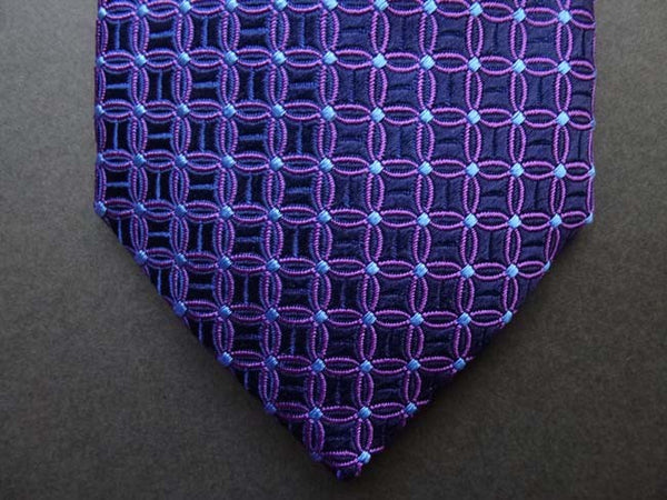 Battisti Tie: Dark navy with violet circular pattern, pure silk