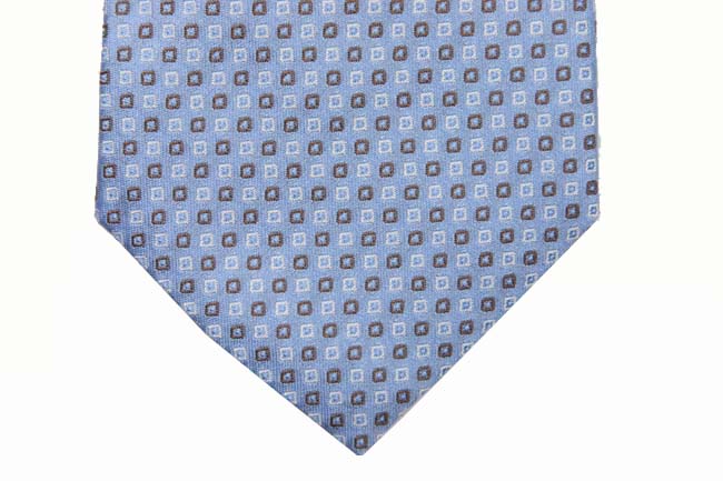 Battisti Tie: Sky blue with white and brown mini square pattern, pure silk