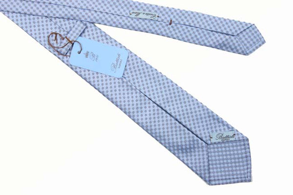 Battisti Tie: Sky blue with white and brown mini square pattern, pure silk