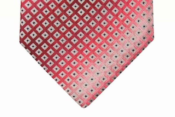 Battisti Tie: Pink rainbow shades with tan and black geometric pattern, pure silk