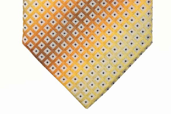 Battisti Tie: Yellow rainbow shades with tan and black geometric pattern, pure silk