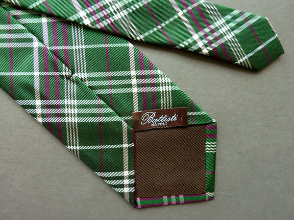 Battisti Tie: Green with purple/white plaid, pure silk
