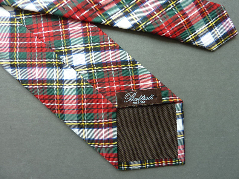 Battisti Tie: Red with hunter/white/blue/yellow plaid, pure silk