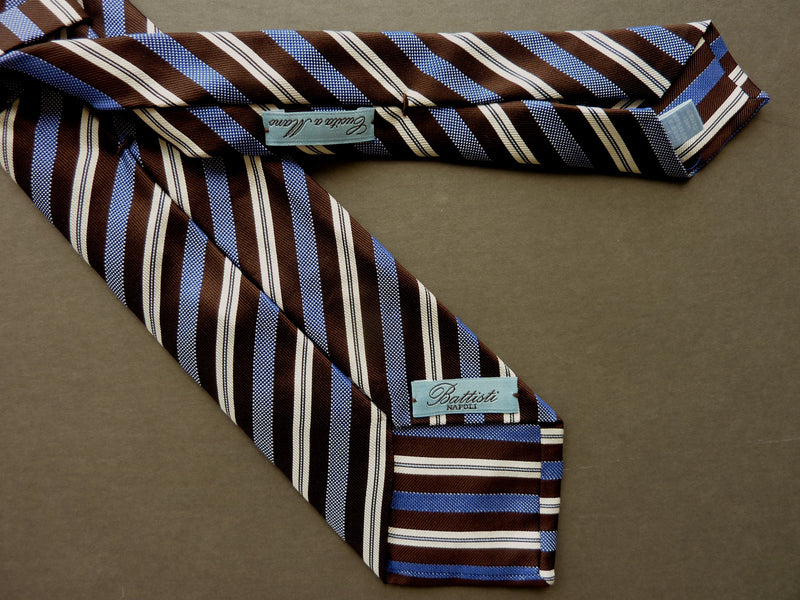 Battisti Tie: Brown with blue/white stripes, 7-fold, pure silk