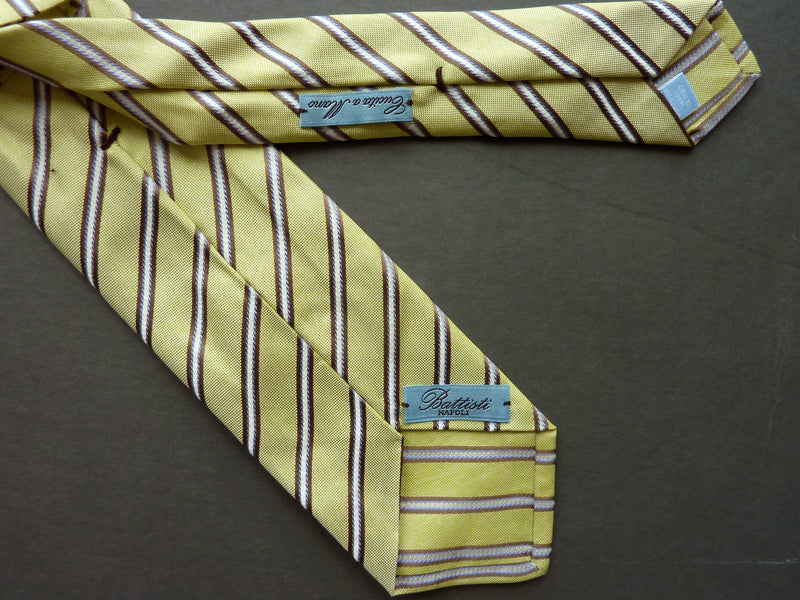 Battisti Tie: Soft yellow with brown/sky/white stripes, 7-fold, pure silk