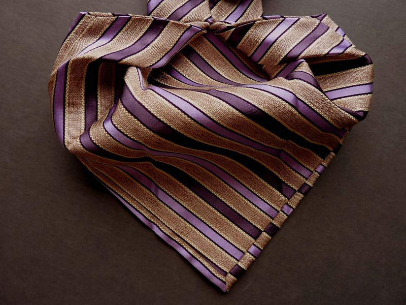 Battisti Tie: Heathered beige with soft purple/lavender stripes, 7-fold, pure silk