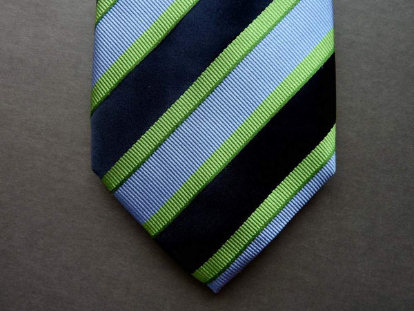 Battisti Tie: Navy and sky blue with spring green stripes, 7-fold, pure silk