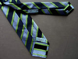 Battisti Tie: Navy and sky blue with spring green stripes, 7-fold, pure silk