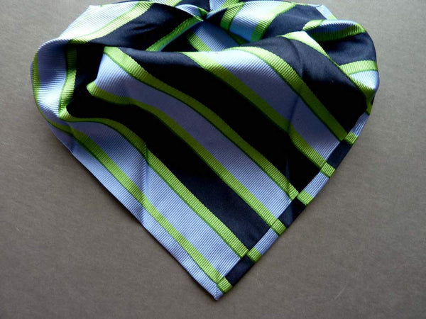 Battisti Tie: Navy and sky blue with spring green stripes, 7-fold, pure silk