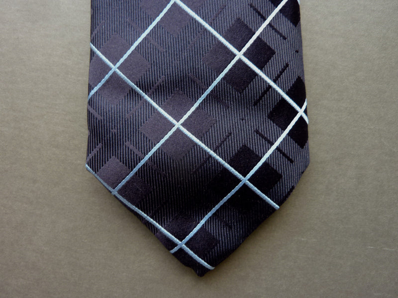 Battisti Tie: Navy blue jacquard plaid with white windowpane, 7-fold, pure silk
