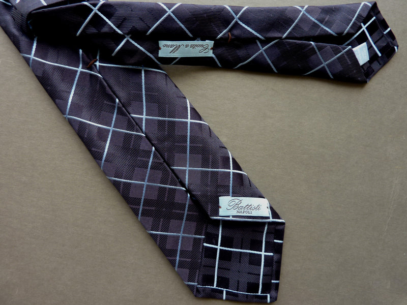 Battisti Tie: Navy blue jacquard plaid with white windowpane, 7-fold, pure silk
