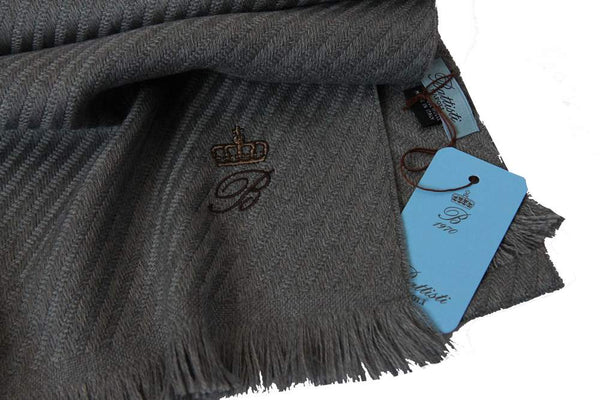 Battisti Scarf: Grey twill weave, Battisti logo & crown, Zegna Baruffa wool