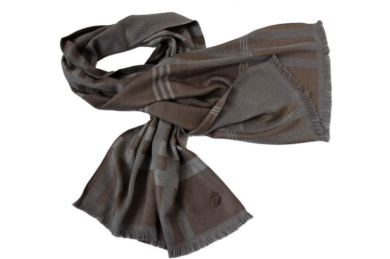 Battisti Scarf: Tan &grey plaid, Battisti logo & crown, Zegna Baruffa wool