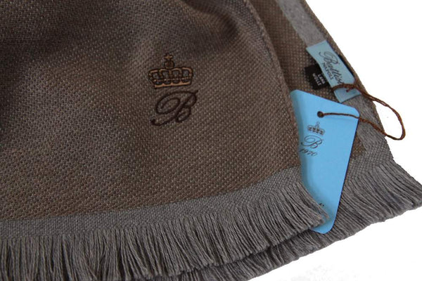 Battisti Scarf: Tan &grey plaid, Battisti logo & crown, Zegna Baruffa wool