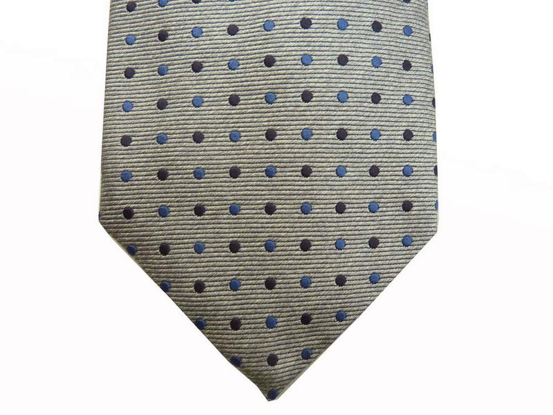 Battisti Tie: Heather gray with navy/blue dots, 1-button & pocket, pure silk