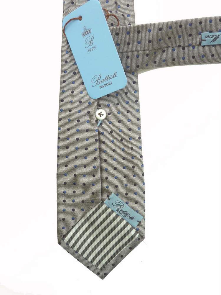 Battisti Tie: Heather gray with navy/blue dots, 1-button & pocket, pure silk