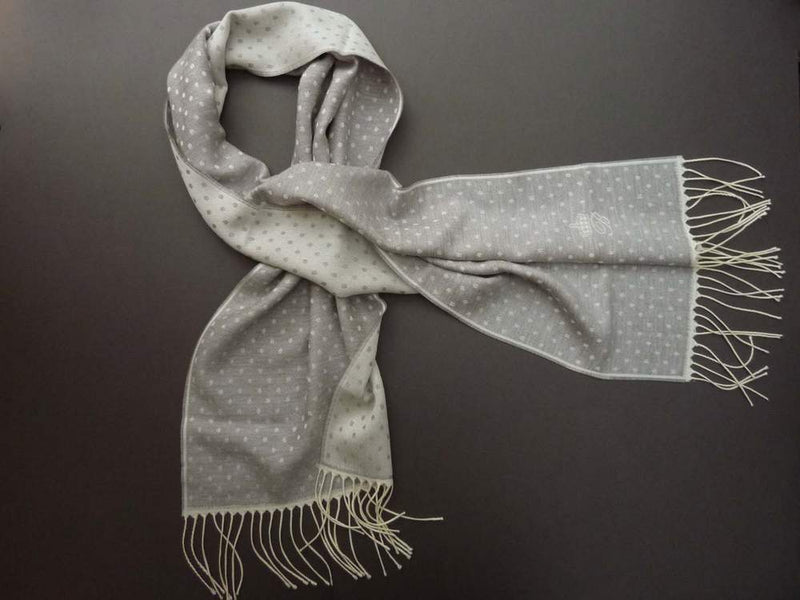 Battisti Scarf: Light gray with cream dots, Battisti logo, double-faced Zegna Baruffa wool