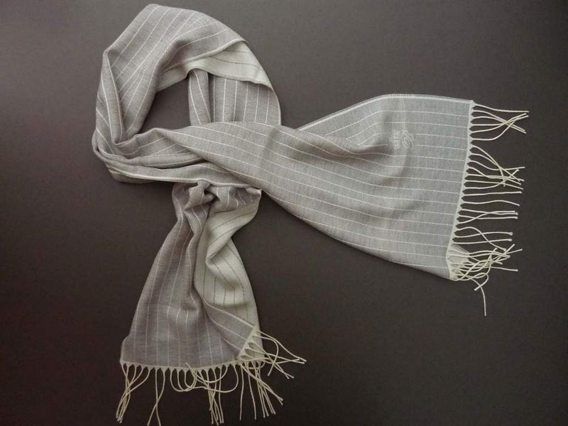 Battisti Scarf: Light gray with cream stripes, Battisti logo, double-faced Zegna Baruffa wool