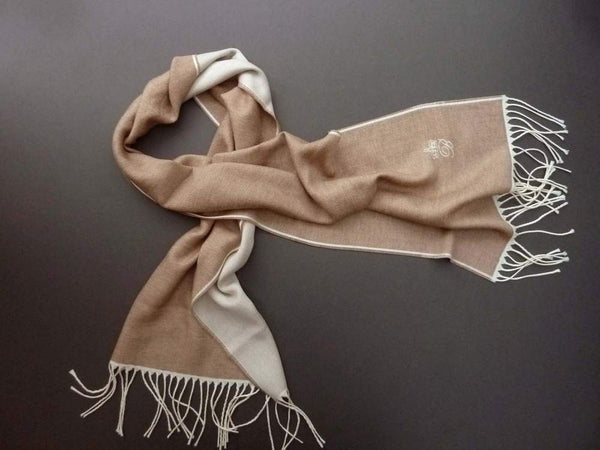 Battisti Scarf: Tan melange, Battisti logo, double-faced Zegna Baruffa wool