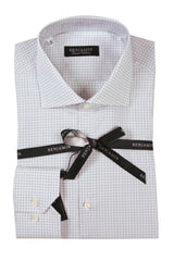 Benjamin Dress Shirt: White & blue-grey gingham check, medium spread collar, pure cotton