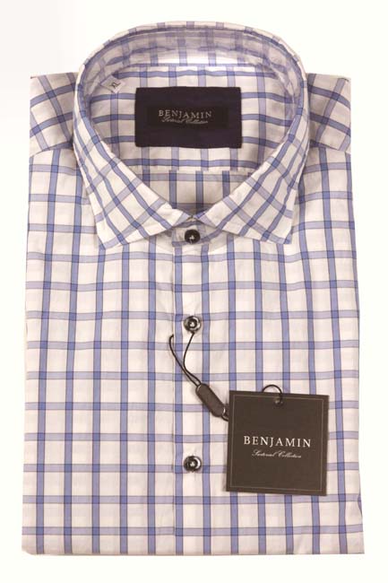 Benjamin Sport Shirt: White with light blue windowpane, spread collar, pre-washed cotton