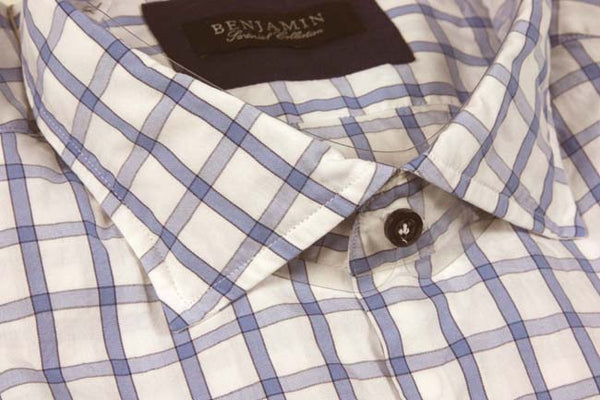 Benjamin Sport Shirt: White with light blue windowpane, spread collar, pre-washed cotton