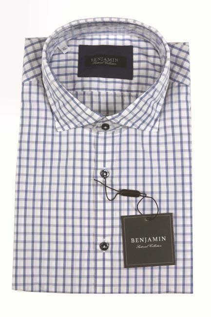 Benjamin Sport Shirt: White with blue & navy check, spread collar, pre-washed cotton