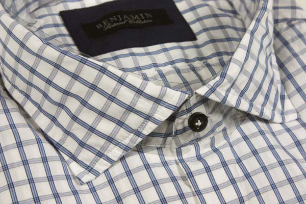 Benjamin Sport Shirt: White with blue & navy check, spread collar, pre-washed cotton