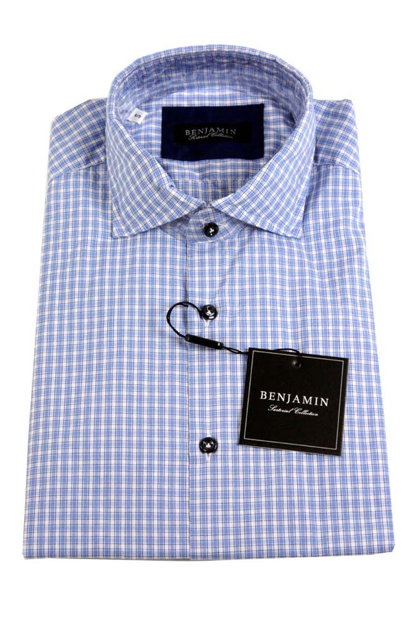 Benjamin Sport Shirt: Blue & white plaid, spread collar, pre-washed cotton