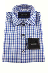 Benjamin Sport Shirt: White with royal & sky blue check, spread collar, pre-washed cotton