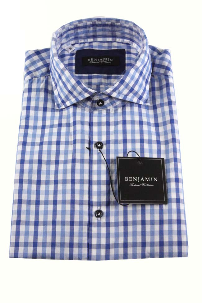 Benjamin Sport Shirt: White with royal & sky blue check, spread collar, pre-washed cotton
