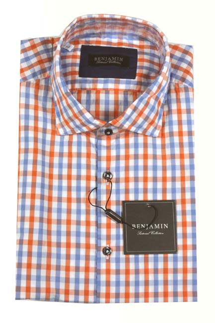 Benjamin Sport Shirt: White, Orange & Blue Check, spread collar, pre-washed cotton