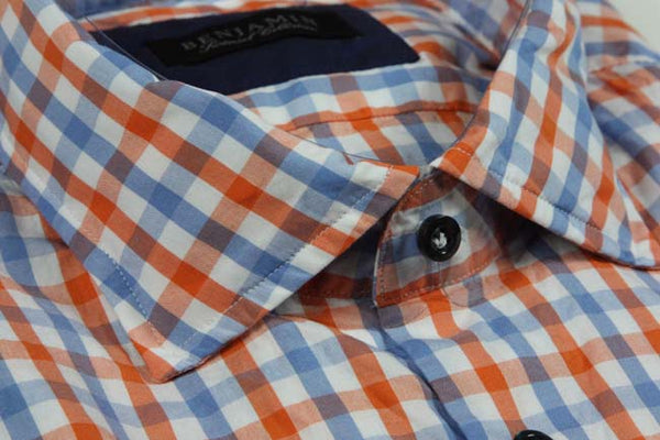 Benjamin Sport Shirt: White, Orange & Blue Check, spread collar, pre-washed cotton