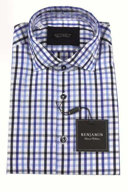 Benjamin Sport Shirt:White with blue & black check, spread collar, pre-washed cotton