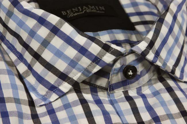 Benjamin Sport Shirt:White with blue & black check, spread collar, pre-washed cotton