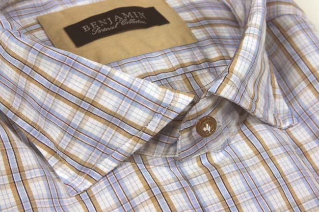 Benjamin Sport Shirt: Blue & Tan Plaid