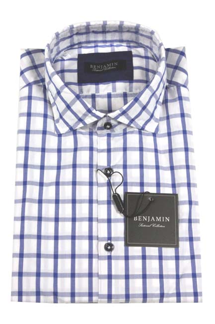 Benjamin Sport Shirt: White with blue windowpane, spread collar, pre-washed cotton