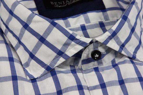 Benjamin Sport Shirt: White with blue windowpane, spread collar, pre-washed cotton