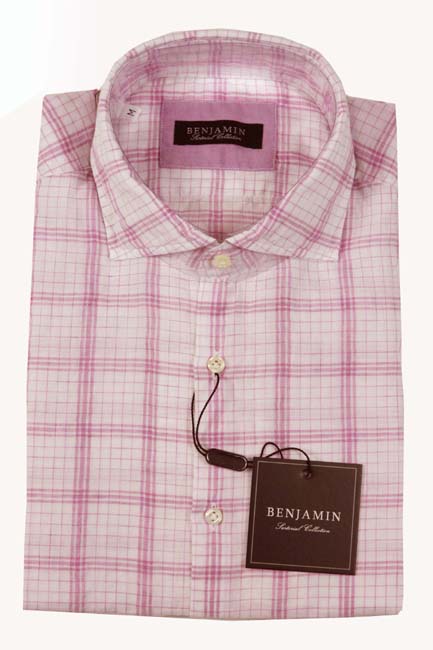 Benjamin Sport Shirt: White with soft fuchsia plaid, spread collar, pre-washed cotton