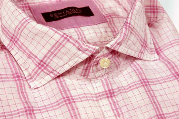 Benjamin Sport Shirt: White with soft fuchsia plaid, spread collar, pre-washed cotton