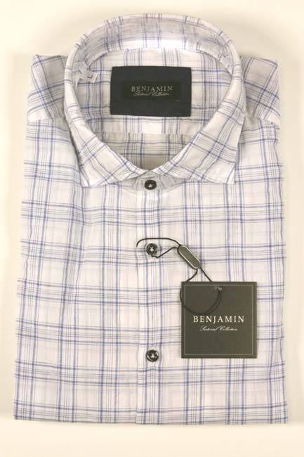 Benjamin Sport Shirt: White with blue plaid, spread collar, pre-washed cotton