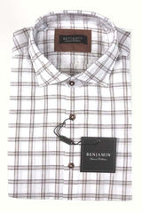 Benjamin Sport Shirt: White & Brown Plaid, spread collar, pre-washed cotton