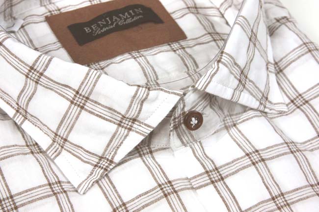 Benjamin Sport Shirt: White & Brown Plaid, spread collar, pre-washed cotton