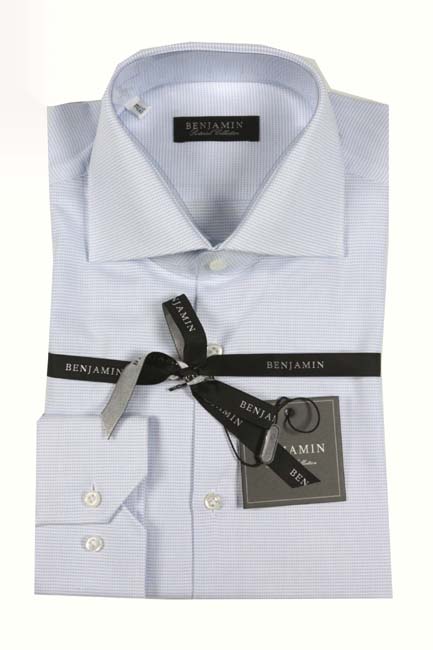 Benjamin Dress Shirt: Light blue & white square dobby, medium spread collar, pure cotton