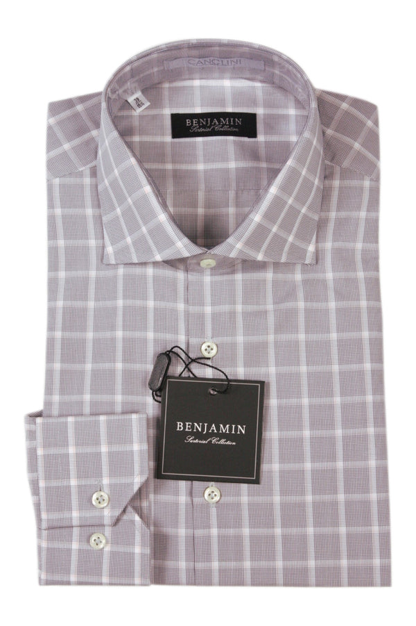 Benjamin Dress Shirt: Grey with white & soft peach plaid, medium spread collar, pure cotton